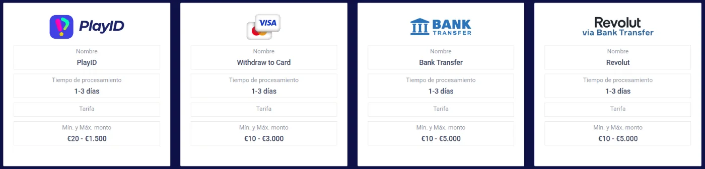 Frumzi Casino Métodos de Retiro Disponibles Frumzi Casino métodos de retiro con PlayID, tarjeta, transferencia bancaria y Revolut
