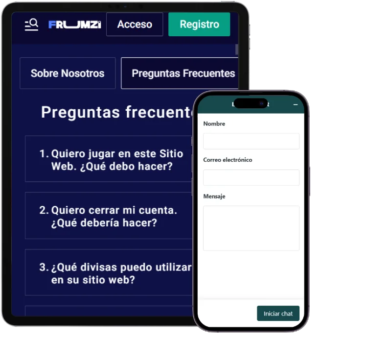 Frumzi Casino Ayuda y Chat en Vivo Frumzi Casino sección de preguntas frecuentes con formulario de chat en vivo